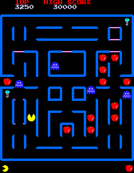Super Pac-Man Arcade Screenshot: As usual, you can eat ghosts when they are blue.