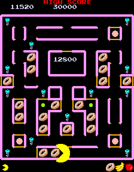Super Pac-Man Arcade Screenshot: Eat all of the donuts on a bonus round!