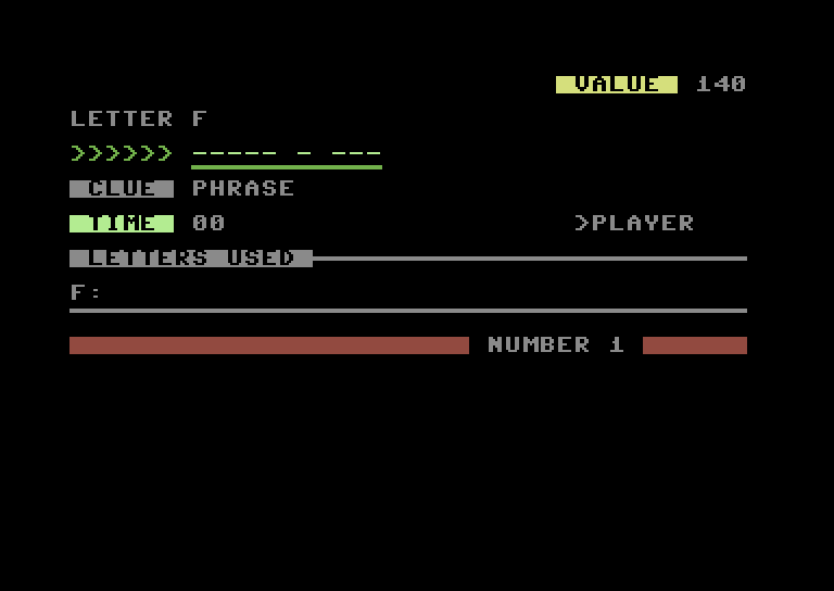Adventure Quest IV Commodore 64 Screenshot: The Name Game - Guess a letter to see if it's in the secret phrase...