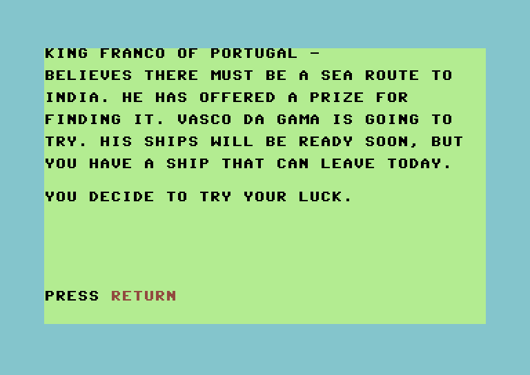 Adventure Quest IV Commodore 64 Screenshot: Lost at Sea - instructions, part 1.