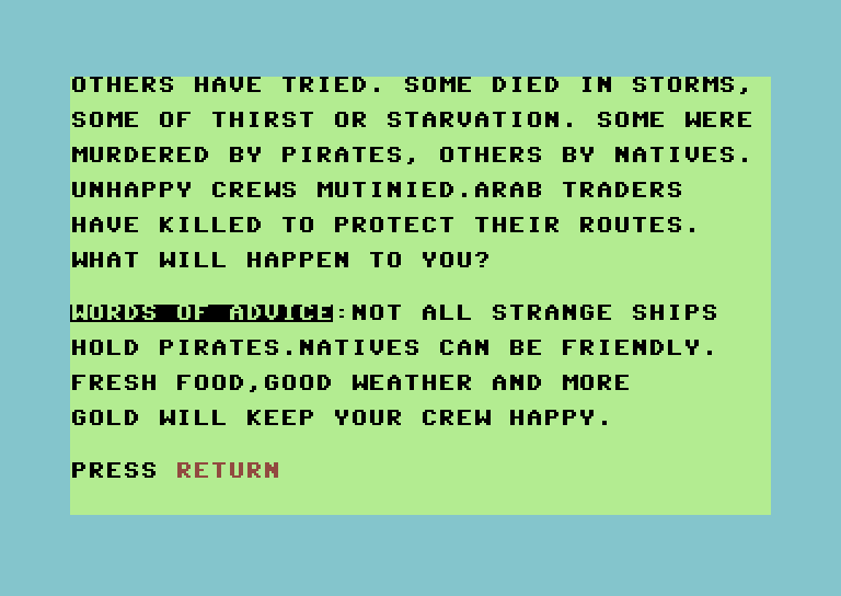Adventure Quest IV Commodore 64 Screenshot: Lost at Sea - instructions, part 2.