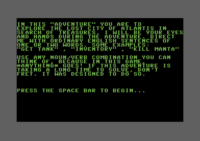Adventure Quest IV Commodore 64 Screenshot: Trip to Atlantis - game introduction.