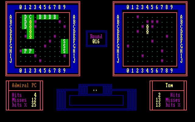 Adventure Quest IV IBM PC/Compatibles Screenshot: Computer Battleship - A few hits, can I sink the ship?