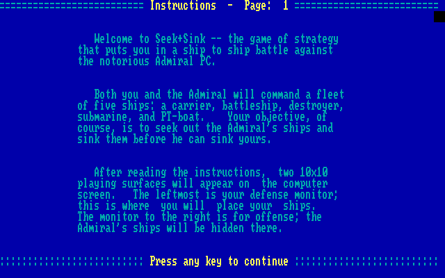 Adventure Quest IV IBM PC/Compatibles Screenshot: Computer Battleship - Game instructions, page 1.