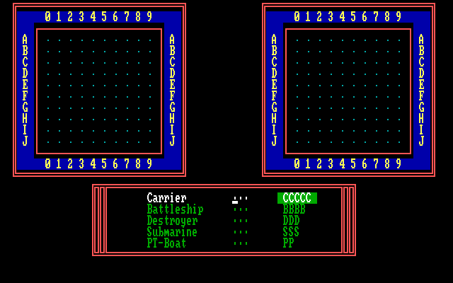 Adventure Quest IV IBM PC/Compatibles Screenshot: Computer Battleship - Game start, place your ships on the board.