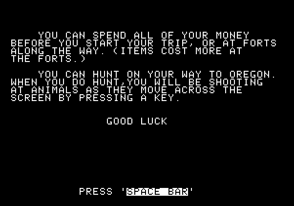 Adventure Quest IV Apple II Screenshot: Wagons West - Good luck!