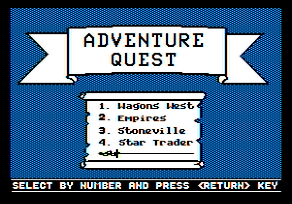 Adventure Quest IV Apple II Screenshot: Side B title screen and menu.