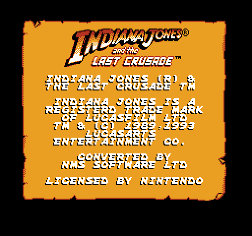 Indiana Jones and the Last Crusade: The Action Game NES / Famicom Screenshot: Starting screen.