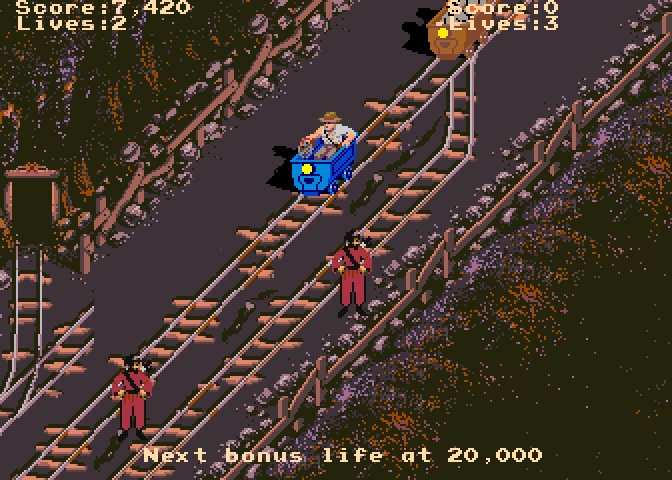Indiana Jones and the Temple of Doom Arcade Screenshot: Escaping in a mine cart.