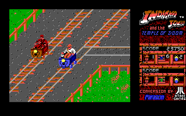 Indiana Jones and the Temple of Doom IBM PC/Compatibles Screenshot: Racing some opponents in the mine carts.