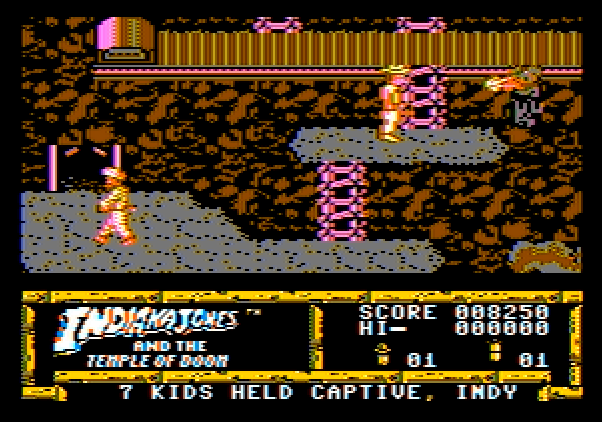 Indiana Jones and the Temple of Doom Apple II Screenshot: Mola Ram sometimes appears; use the whip on the flaming hearts he throws at you.