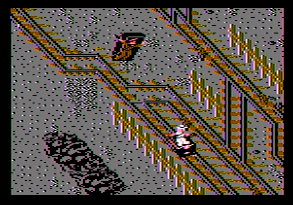 Indiana Jones and the Temple of Doom Apple II Screenshot: Some enemies behind me have derailed...