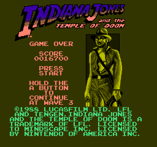 Indiana Jones and the Temple of Doom NES / Famicom Screenshot: Game over.
