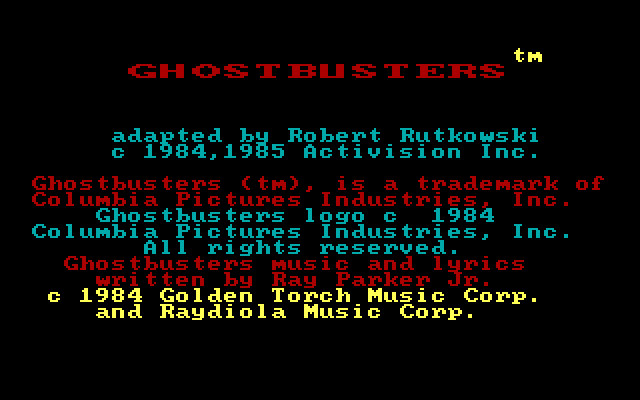 Ghostbusters IBM PC/Compatibles Screenshot: Title and credits screen.