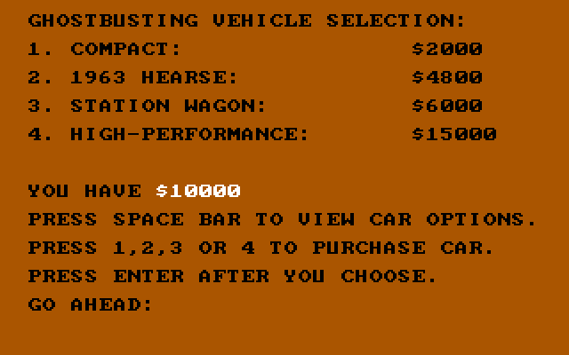 Ghostbusters IBM PC/Compatibles Screenshot: Which vehicle would you like to purchase?