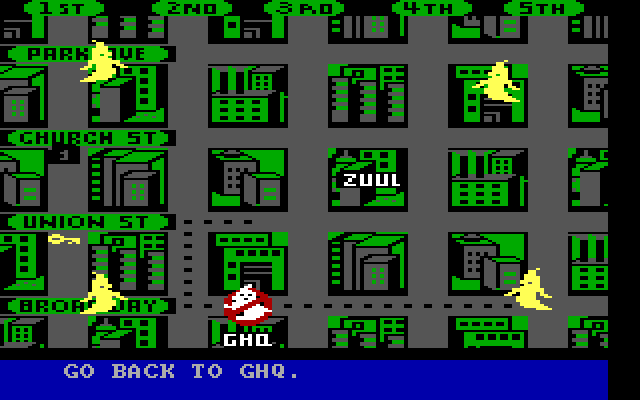 Ghostbusters IBM PC/Compatibles Screenshot: You have to go back to headquarters if you run out of traps or men.