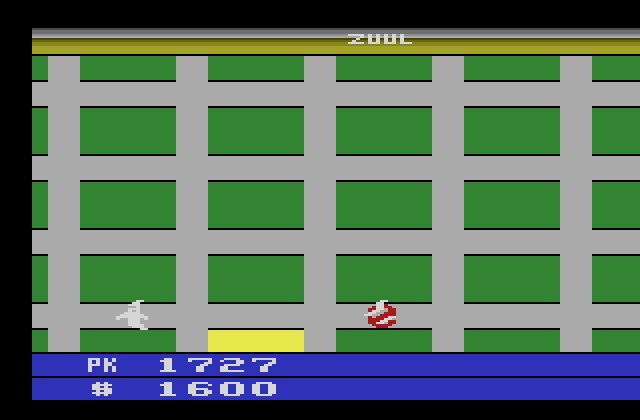 Ghostbusters Atari 2600 Screenshot: The flashing yellow building means it's time to visit H.Q.