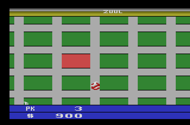 Ghostbusters Atari 2600 Screenshot: Game start; visit red blocks to bust ghosts.