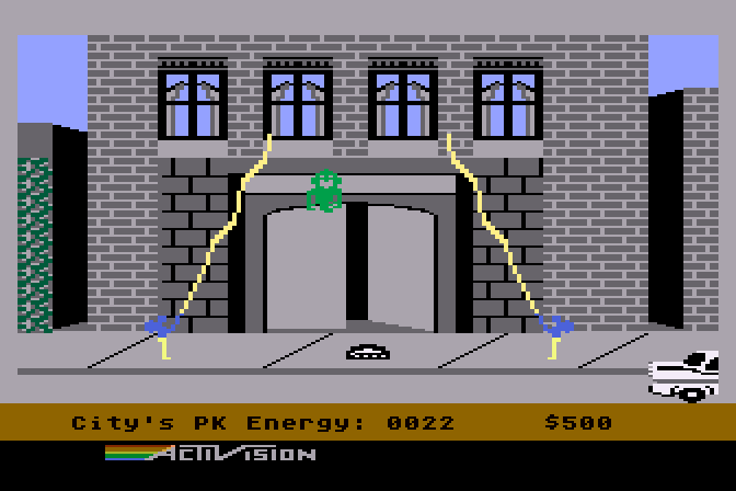 Ghostbusters Atari 8-bit Screenshot: A ghost! Let's see if I can catch it...
