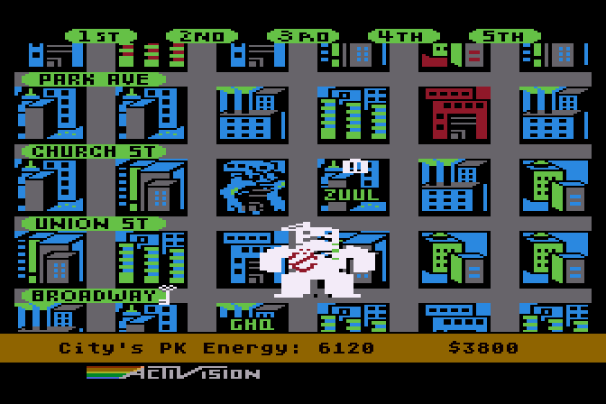 Ghostbusters Atari 8-bit Screenshot: Marshmallow catastrophe averted this time!