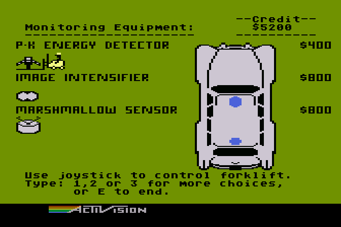 Ghostbusters Atari 8-bit Screenshot: Select some equipment for your car...