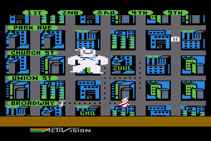 Ghostbusters Atari 8-bit Screenshot: A marshmallow catashtrophe!