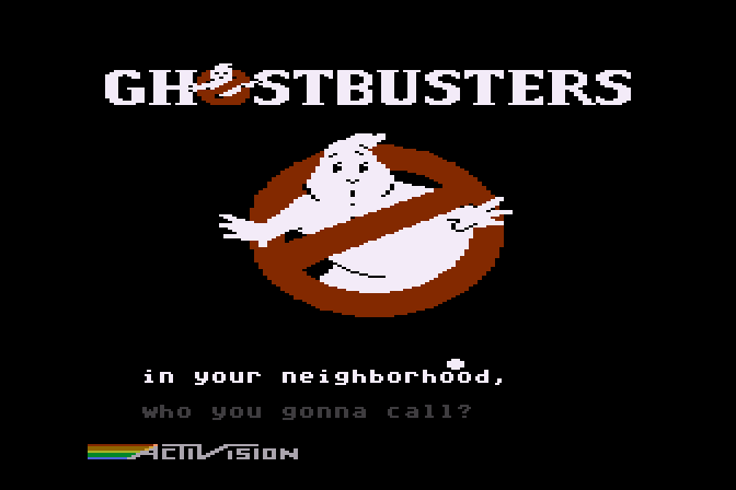 Ghostbusters Atari 8-bit Screenshot: Title screen with the theme song lyrics below.