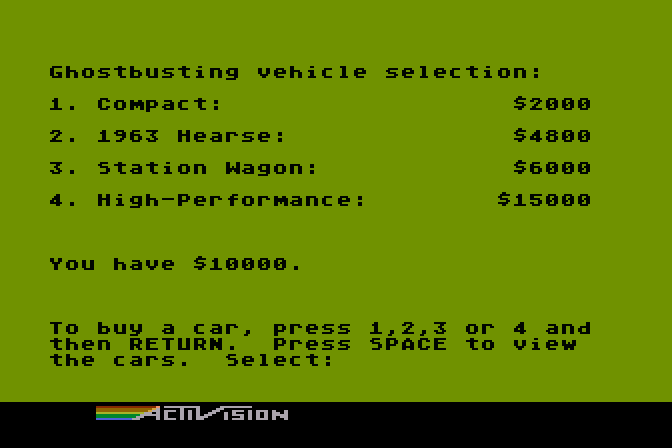 Ghostbusters Atari 8-bit Screenshot: Select a car type.