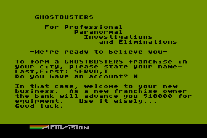 Ghostbusters Atari 8-bit Screenshot: Welcome to your new Ghostbusters franchise!