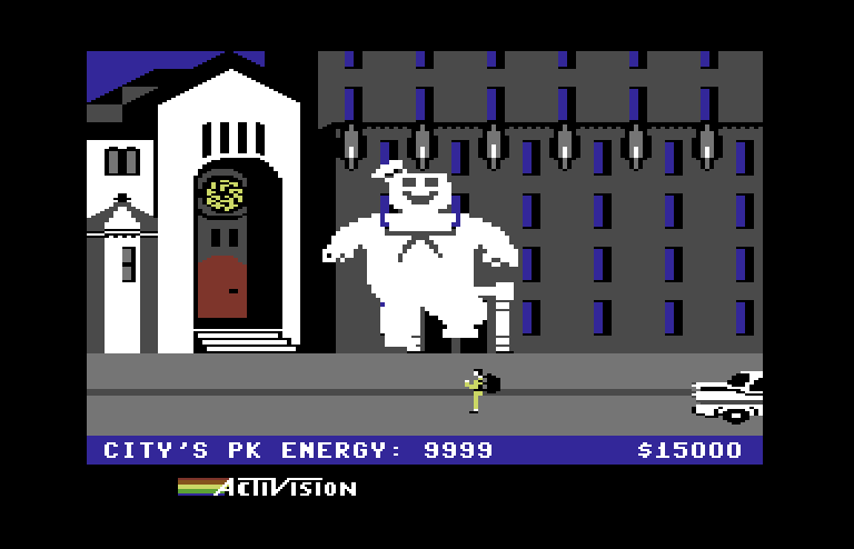 Ghostbusters Commodore 64 Screenshot: Sneak past the marshmallow man!