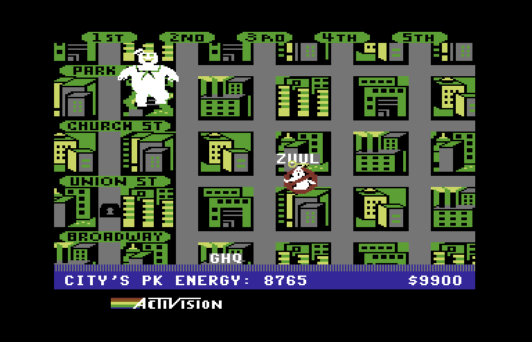 Ghostbusters Commodore 64 Screenshot: A marshmallow catastrophe! That will cost me some money...