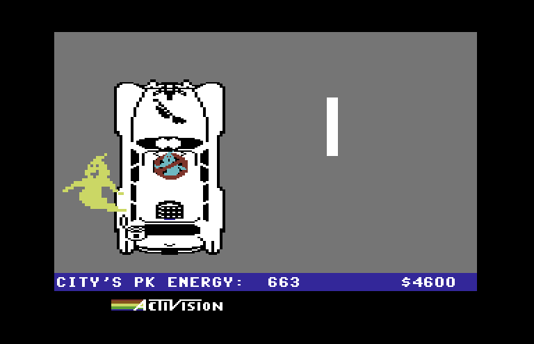 Ghostbusters Commodore 64 Screenshot: When you freeze ghosts from the map view you have an opportunity to catch them on the road.