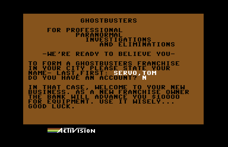 Ghostbusters Commodore 64 Screenshot: Forming a new Ghostbusters franchise.