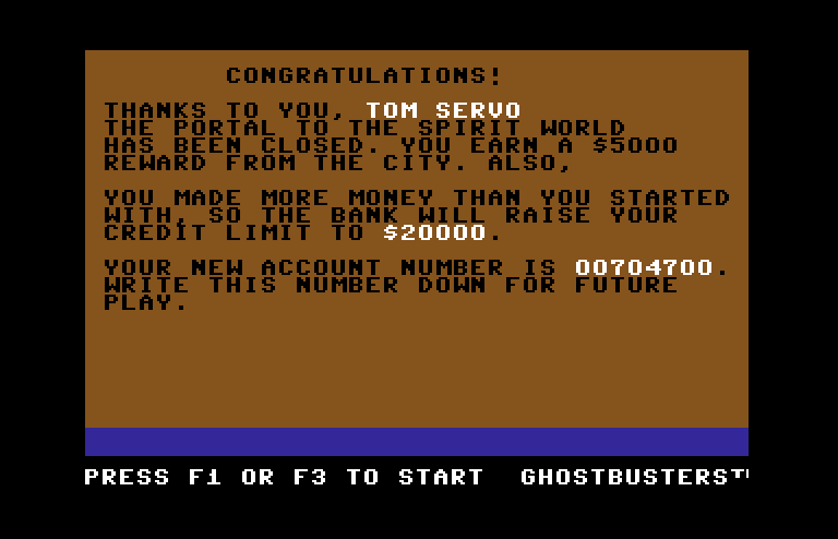Ghostbusters Commodore 64 Screenshot: Success!