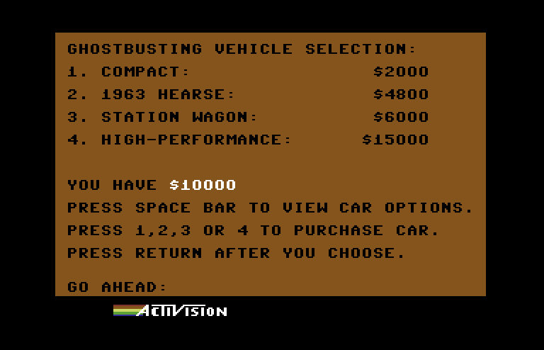 Ghostbusters Commodore 64 Screenshot: First, select a vehicle.