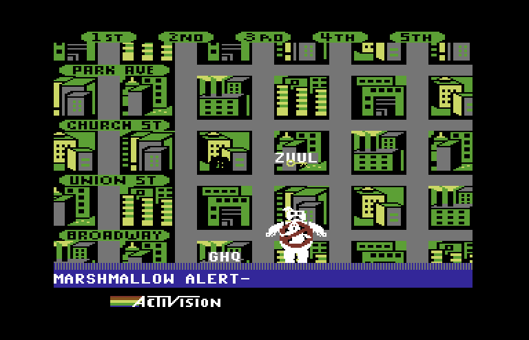 Ghostbusters Commodore 64 Screenshot: I stopped the marshmallow man!