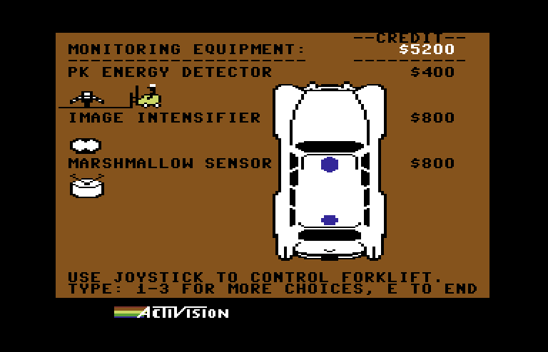 Ghostbusters Commodore 64 Screenshot: Outfit your vehicle with some necessary equipment...