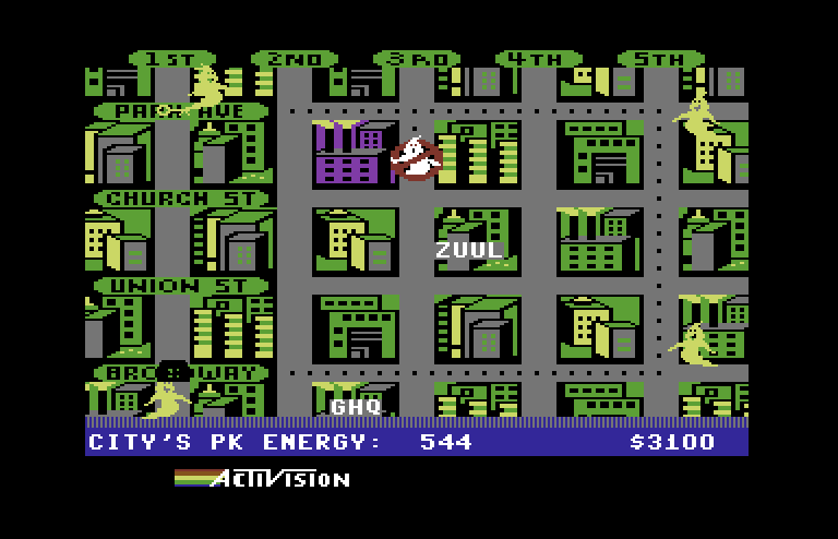 Ghostbusters Commodore 64 Screenshot: Go to the flashing locations to find ghosts...
