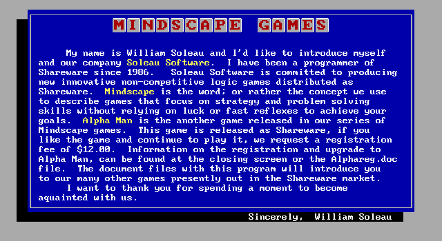 Alpha Man IBM PC/Compatibles Screenshot: About the author.