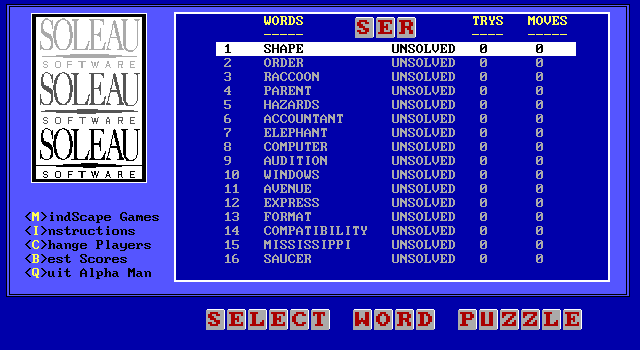 Alpha Man IBM PC/Compatibles Screenshot: The main menu.