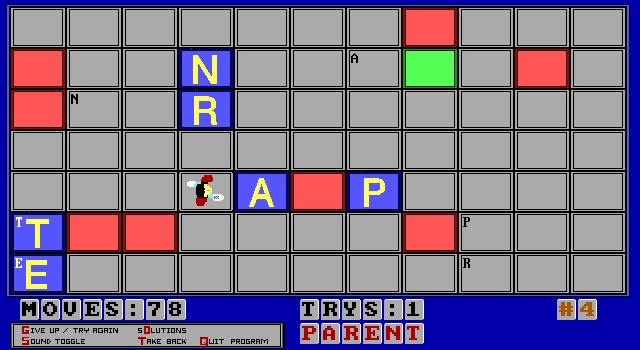 Alpha Man IBM PC/Compatibles Screenshot: Pushing blocks around; the "T" and the "E" are in place so far.