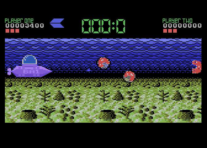 Tower Toppler Atari 7800 Screenshot: Tower 1 complete, travelling to the next tower...