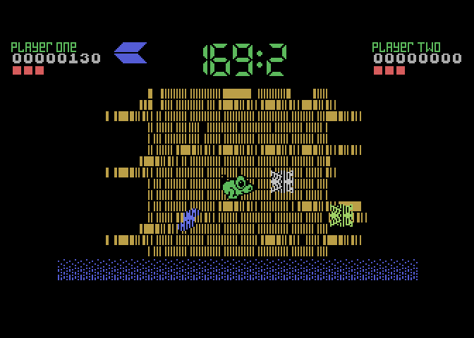 Tower Toppler Atari 7800 Screenshot: The number of enemies you need to avoid keeps increasing...