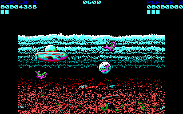 Tower Toppler IBM PC/Compatibles Screenshot: A fish caught in a bubble...now catch it with the submarine!