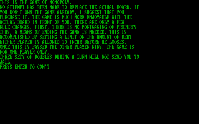 Monopolize IBM PC/Compatibles Screenshot: Part 1 of the game instructions.