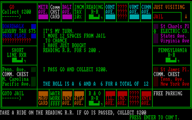 Monopolize IBM PC/Compatibles Screenshot: The computer passes Go and collects $200.