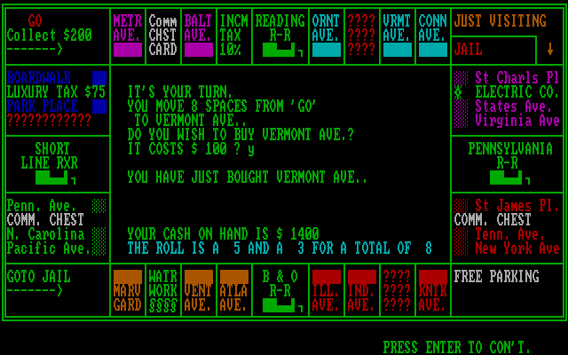 Monopolize IBM PC/Compatibles Screenshot: The game begins; I just bought Vermont Ave.