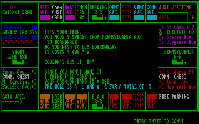 Monopolize IBM PC/Compatibles Screenshot: Uh oh, the computer bought Boardwalk.