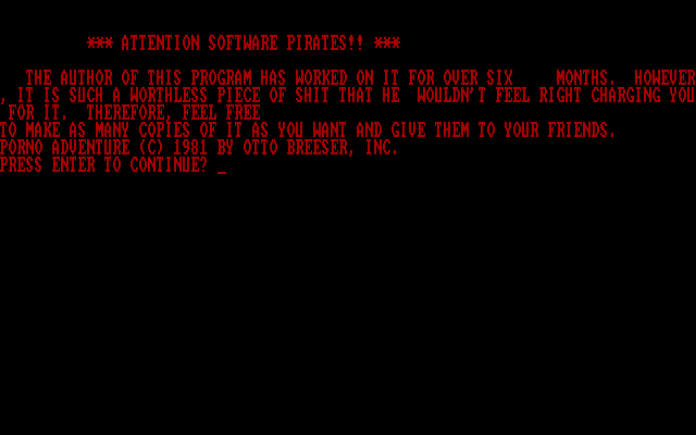 Porno Adventure IBM PC/Compatibles Screenshot: Title screen; ready to begin?