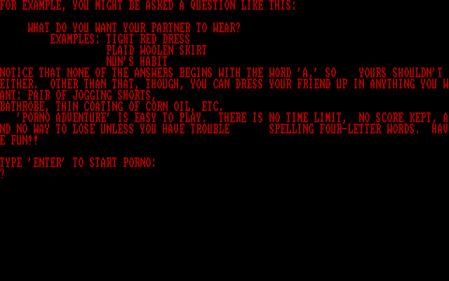 Porno Adventure IBM PC/Compatibles Screenshot: Game instructions continued...